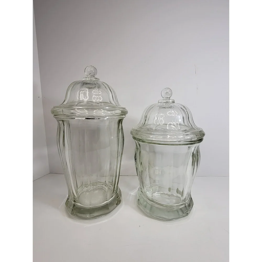 Vintage Style Clear Glass Apothecary Jars with Lids Set of 2 Paneled Canisters